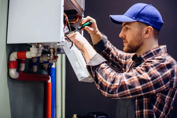 Ahjuservice insener kontrollib ja hooldab küttesüsteemi juhtpaneeli